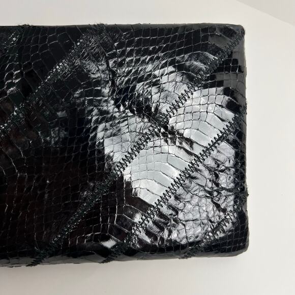 Vintage 80s Ronay Black Leather & Real Snake Skin Clutch Handbag Purse - Picture 5 of 8
